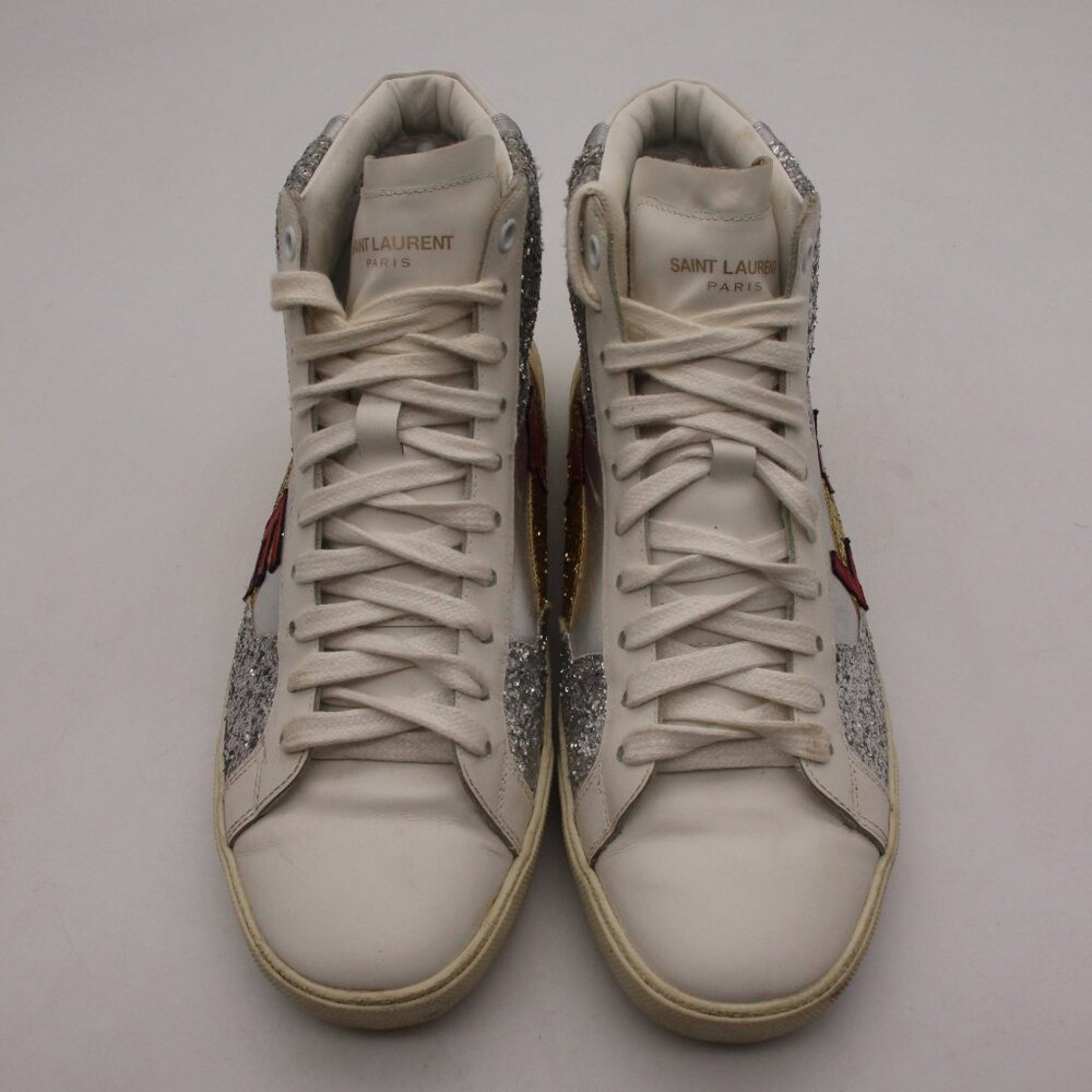 Saint Laurent Paris Love Women's EU 39 Mid Top Sneakers White Leather Glitter - Picture 2 of 13